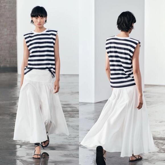 Zara Cotton Striped Shoulder Pad Top T-Shirt - Picture 1 of 8